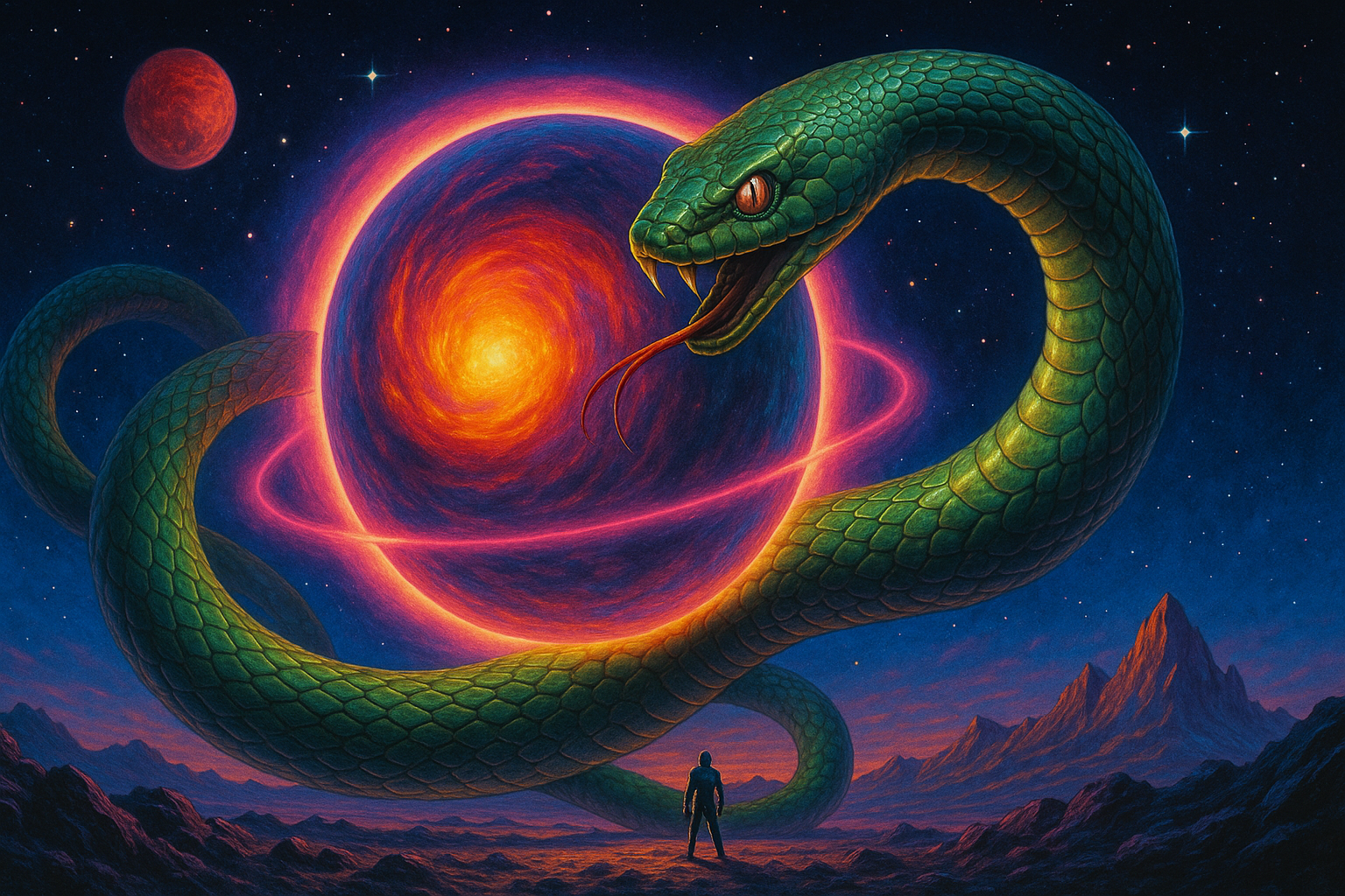 Retro-style illustration of an emerald snake coiled around a glowing ringed planet against a starry backdrop